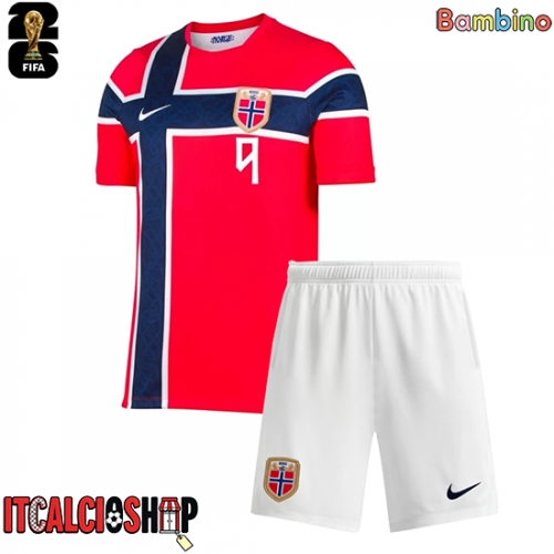 Norvegia Erling Haaland #9 Prima Maglia Bambino Mondiali 2026 Manica Corta (+ Pantaloni corti)